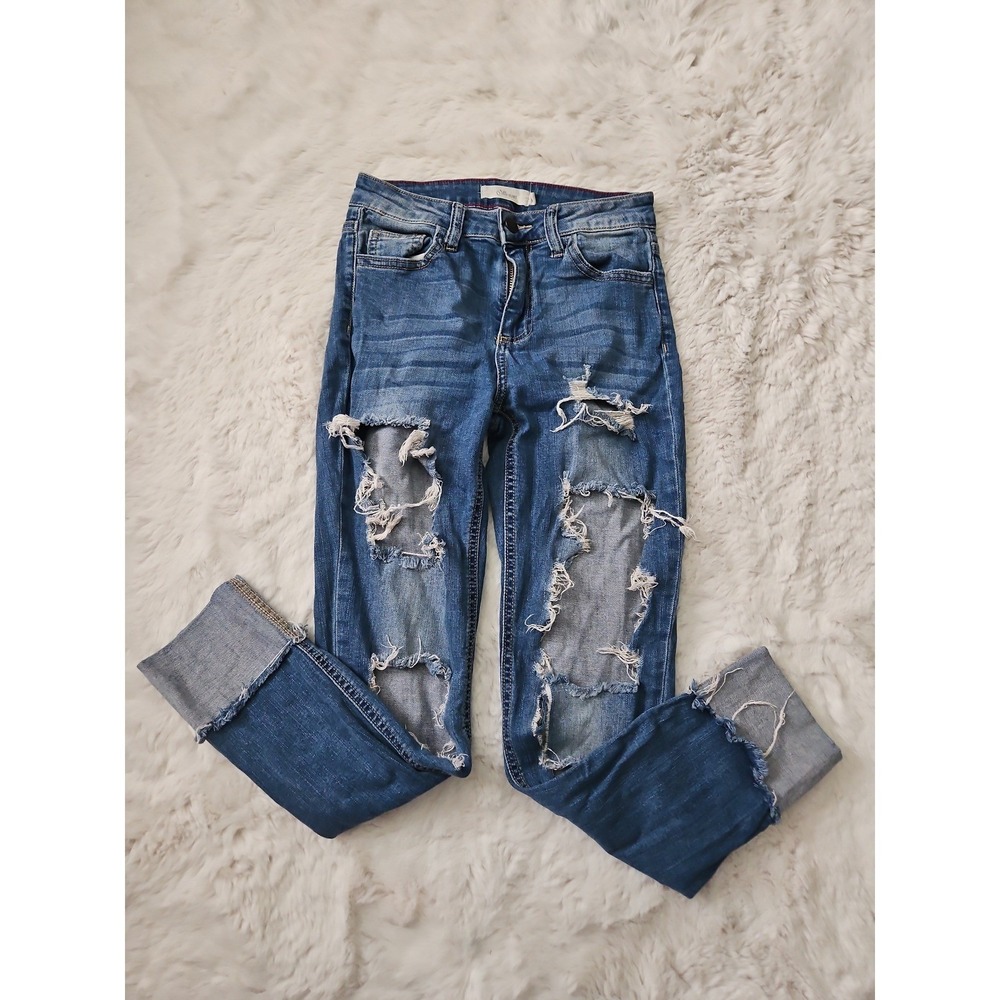 Cello Distressed Skinny Jeans Size 3 High Waist Thrashed Destroyed Raw Hem Cuff